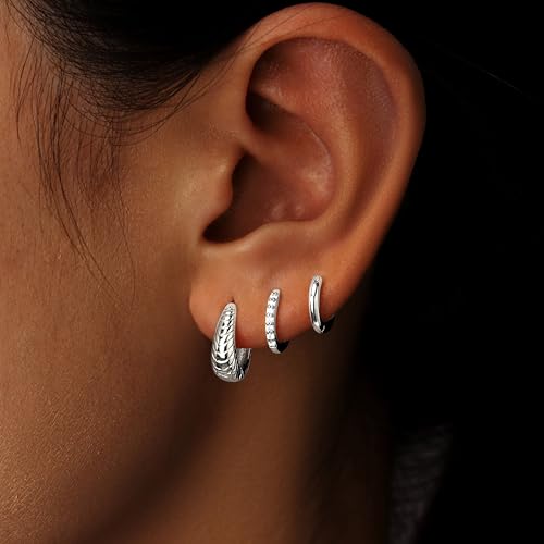 Poxtex Small Sterling Silver Huggie Hoop Earrings Set for Women, Hypoallergenic 14K Gold Plated Hoops Stacks for Multiple Piercings, Dainty Cute Mini Lightweight Cartilage Studs Trendy Jewelry Gift - color: Silver-chunky twisted hoop