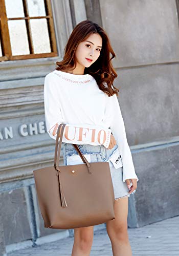 Dreubea Women's Soft Faux Leather Tote Shoulder Bag from, Big Capacity Tassel Handbag - color: Dark Khaki
