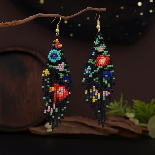 Flower Black Beaded Long Tassel Western Native American Earrings For Women Dangling - color: flower