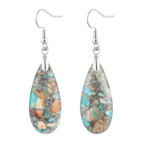 Stone Drop Earrings for Women Earrings Teardrop Jasper Stone Dangle Earrings - color: Light Blue&Brown-Silvery Hook