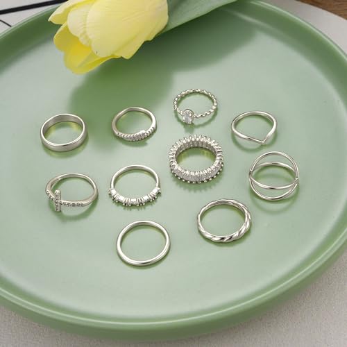 10 PCS 14K Gold Plated Rings Set for Women, Dainty Gold Knuckle Ring Non Tarnish, Simple Thumb Stacking Rings Pack Size 6/7/8/9/10 - color: silver