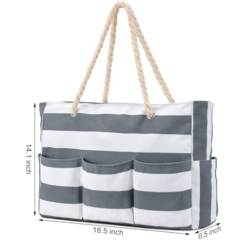 Becokan Beach Bags for Women Canvas Large Beach Tote Bag Zipper Waterproof Sandproof Foldable Swim Pool Bag with 7 Pockets - color: Dark Grey