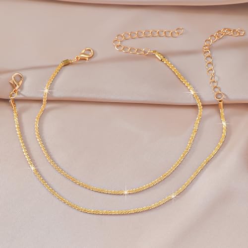 Ankle Bracelets for Women Gold Silver Layered Glitter Anklet for Women Waterproof Beach Cross Anklet Set Dainty Summer Foot Jewelry - color: Gold Layered Anklet