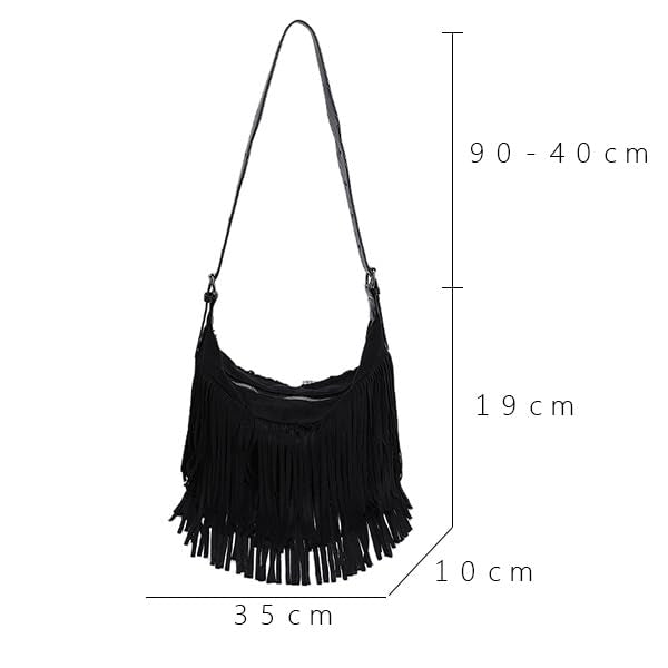 Fringe Genuine Suede Leather Hobo Bag Adjustable Crossbody Shoulder Bag Boho Retro Tassel Handbag Gift Box - color: Black