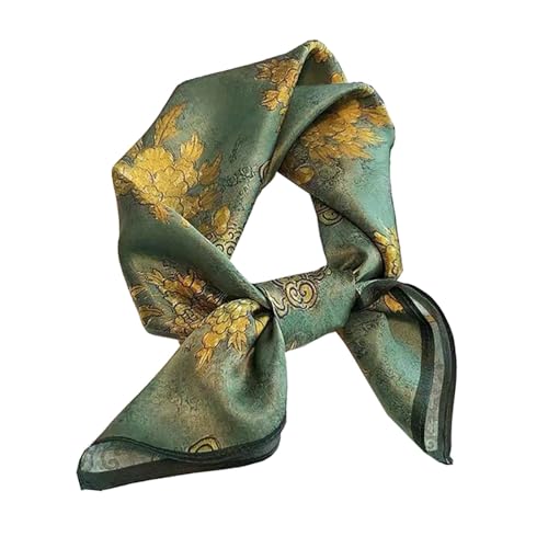 JERLA 100% Pure Mulberry Silk Square Scarf for Hair-27''x27'' Women Men Natural Silk Neckerchief Headscarf - color: Green and Yellow Flower