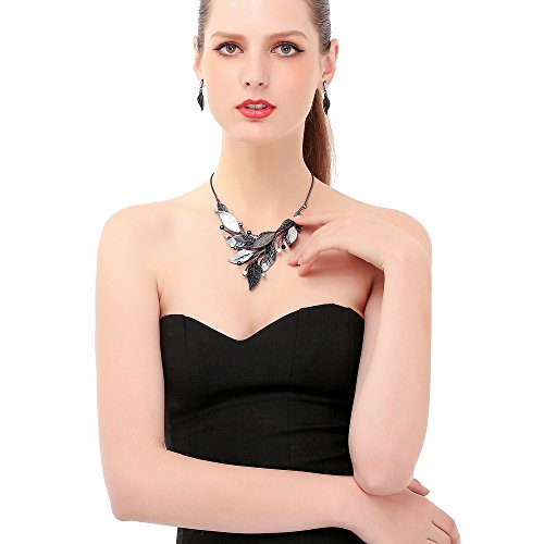 AMYJANE Vintage Statement Jewelry Set - Spring Leaf Flower Floral Plant Necklace Earring Set Crystal Rhinestone Fashion Costume Jewelry for Women Prom Party Unique Gift - style: Grey Leaves Jewelry Set