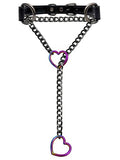 Black Leather Choker Collar For Women, Handmade Heart Slip Chain Choker Long Necklace with Adjustable Buckle - color: B-Black-Black-Rainbow, size: 18''chain