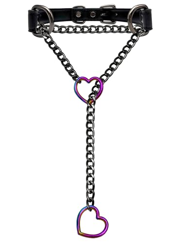 Black Leather Choker Collar For Women, Handmade Heart Slip Chain Choker Long Necklace with Adjustable Buckle - color: B-Black-Black-Rainbow, size: 18''chain