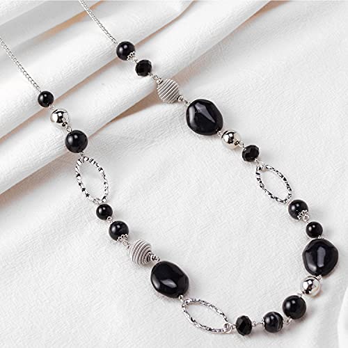 BULINLIN Beaded Long Necklace for Women Silver Sweater Chain Necklace with Crystal Resin Beads, Fashion Jewelry Necklace - color: Black