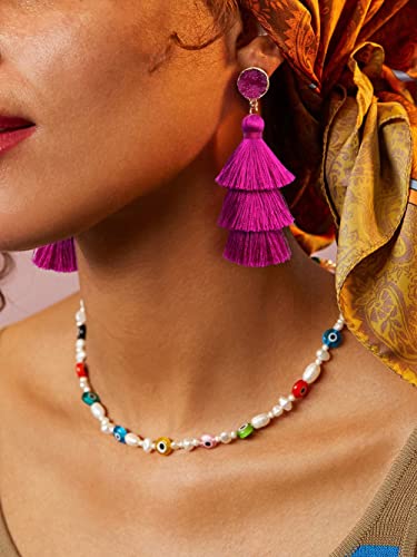 Me&Hz Colorful Layered Tassel Earrings Bohemian Statement Tiered Tassel Big Dangle Drop Earrings for Women Druzy Studs Valentine’s Day Gift - color: Magenta