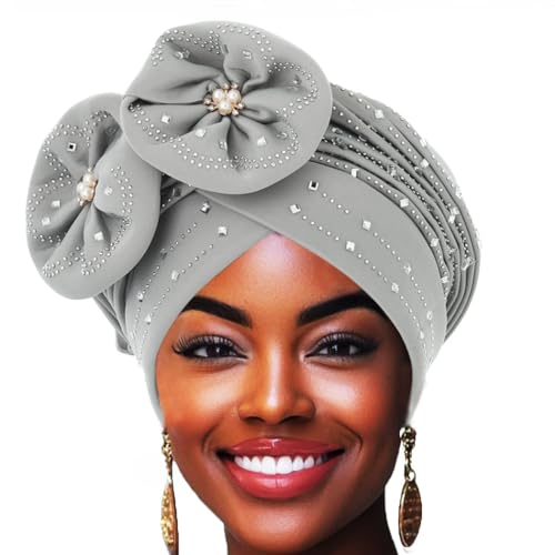 Woeoe Beanie Cap Head Wrap Black Rhinestones Head Scarf Flower Pearls Twisted Head Turban for Women Girls - color: Grey