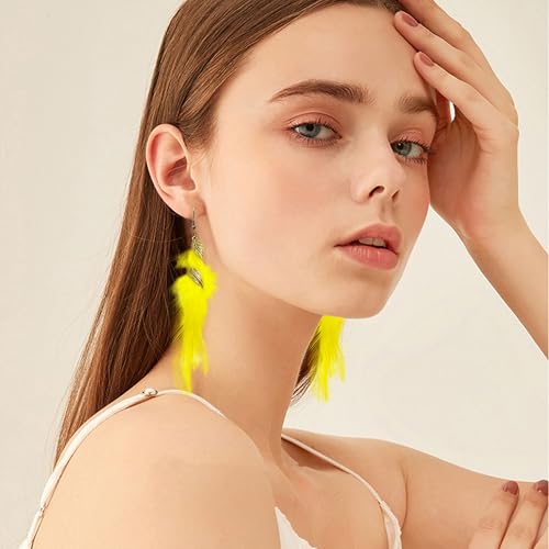 Feather Earrings for Women Bohemian Fringe Tassel Long Drop Dangle Earrings Lightweight Boho Statement earrings - color: yellow