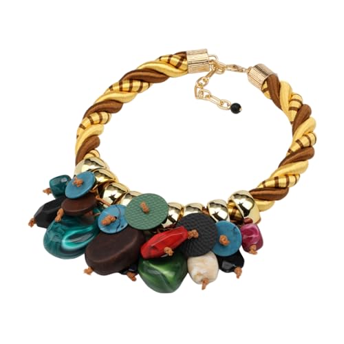 Chunky Statement Wood Pendant Necklace for Women Rope Braided Colorful Resin Stone Tribal Ethnic Bold Boho Fashion Jewelry - color: N1539-colorful