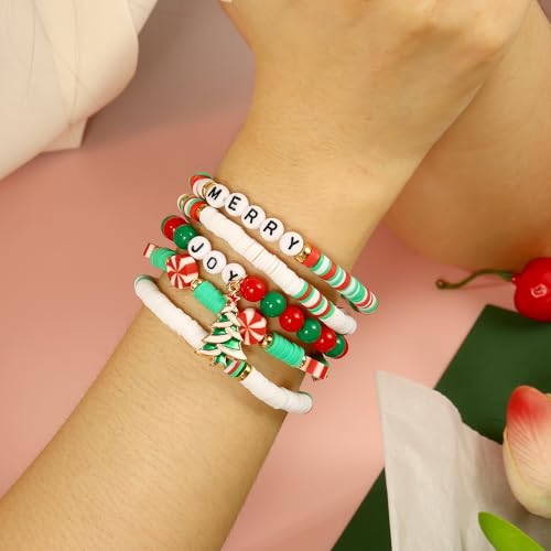 Elegance 11 designs Heishi Beaded Bracelets For Women Polymer Clay Colorful Surfer Stackable Beads Boho Bracelet Summer Beach Jewelry - color: Pine tree