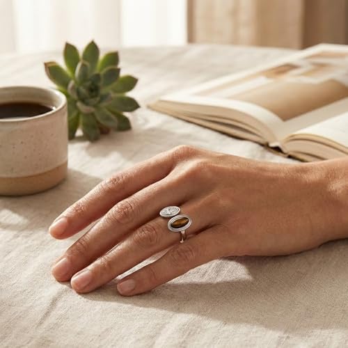 Mchic Adjustable Chunky Rings for Women: Dainty Natural Gemstone Ring Stainless Steel 18K Gold/Silver Plated Band Rings Non Tarnish Waterproof Statement Fashion Jewelry Gift for Women - color: Silver+Tiger Eye Stone+Cubic Zirconia