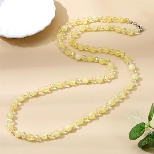 Long Beaded Necklace for Women Boho Colorful Crystal Stone Knot Statement Fashion Costume Jewelry Gifts - color: Yellow