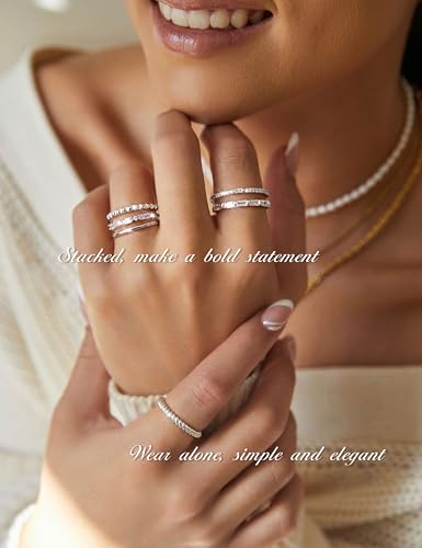 FIBO STEEL Gold Rings for Women Non Tarnish Dainty Stackable Ring Set Hypoallergenic Cubic Zirconia Wedding Band Promise Bands for Her Women's Jewelry Size 5-10 - color: White Gold Plated