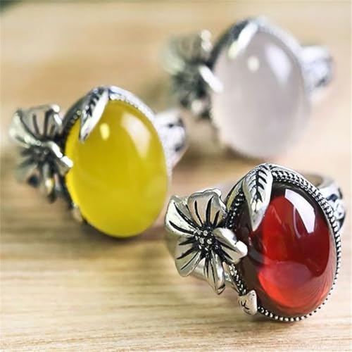 Boho Oval Stone Flower Leaf Statement Ring for Women Antique Silver Plated Vintage Crystal Plum Blossom Adjustable Open Wrap Rings Comfort Fit Retro Gemstone Art Decor Wedding Engagement Jewelry - color: Red