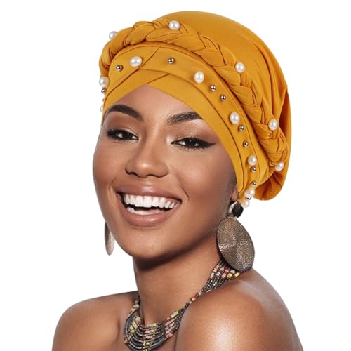 African Women Turban Caps Pre-Tied Twisted Turbans Head Scarf for Women Hair Wraps Cover Beanie Cancer Chemo Headwear - color: 1 Pack Twisted Braid: Pearls Ginger