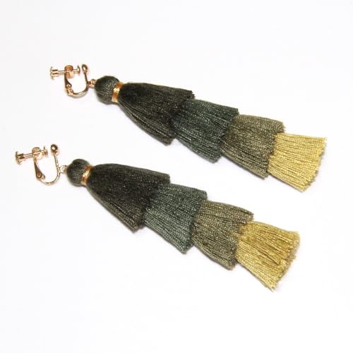 Clip on Earrings, Lightweight Colorful Layered Tassel Bohemian Statement Tiered Big Dangle Drop Earrings for Women, Non Pierced, Boho Jewelry - color: Dark Green