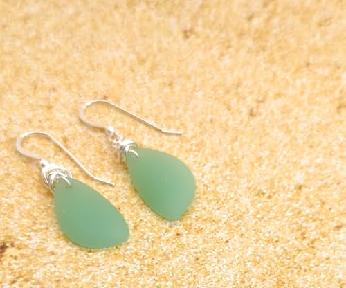 Popular Recycled Sea Glass Earrings on Sterling Silver Hooks - color: Jade Green 2