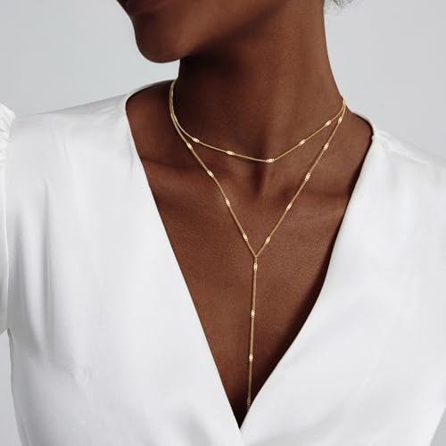 HAXIYA Lariat Gold Necklace for Women Dainty Long Necklace 14K Gold Plated/Silver Y-Shaped Pendant Drop Chain Layered Pearl/Beaded/CZ Necklaces Gold Jewelry Gift for Prom/Wedding - style: Sequin - Gold