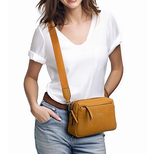 Alldaily Small Triple Zip Crossbody Purse for Women, Vegan Leather Phone Bag with Wide Shoulder Strap - color: Yellow