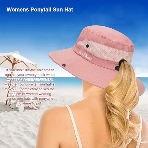 Womens Summer Sun Hat Beach Hat Wide Brim Outdoor UV Protection Hat Packable Mesh Bucket Hat with Ponytail Hole - color: Solid Pink