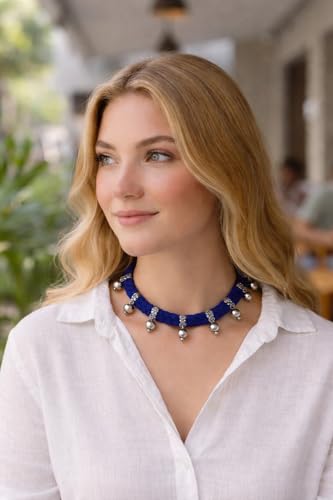 athizay Boho Charm Thread Choker Necklace – Braided Bohemian Choker with Oxidized Silver Dangle Charms | Handmade Boho Jewelry for Women - color: Blue, Silver