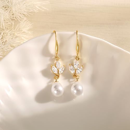 Gold Plated Freshwater Pearl Dainty Earrings for Women Dangle Formal 14K Plated Drop Heart Earrings Prom Wedding Long Hypoallergenic Trendy Jewelry Gifts