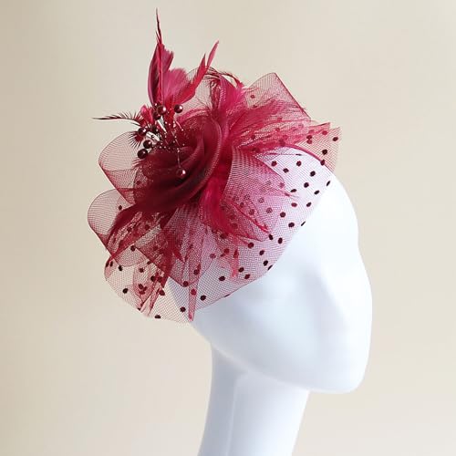 Fascinators Hat Pearl Earrings Necklace Bracelets Gloves 1920s Headband Hair Clips Women Flower Mesh Feather Headpiece Headwear Halloween Carnival Cocktail Wedding Tea Party Accessories Burgundy - color: Burgundy