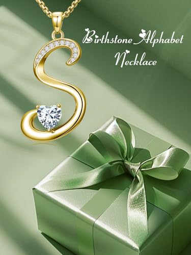 Birthday Gifts for Women 18k Gold Initial Necklaces for Women Simple Alphabets Letters with Birthstone Pendants Name Jewelry Anniversary Wedding Gifts for Sister Daughter Her (with Gift Box) - color: 04-Apr-5A White CZ, style: Letter S
