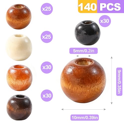 140 Pcs Hole Natural Wooden Hair Beads for Braids Dreadlock Locs Hair Accessories for Women Men and Girls Craft Supplies