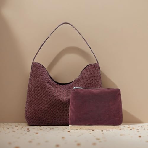 Leather Woven Tote Bag for Women, Vintage Suede Woven Hobo Bag, Large Crossbody Shoulder Slouchy Handbag - color: Wine Red