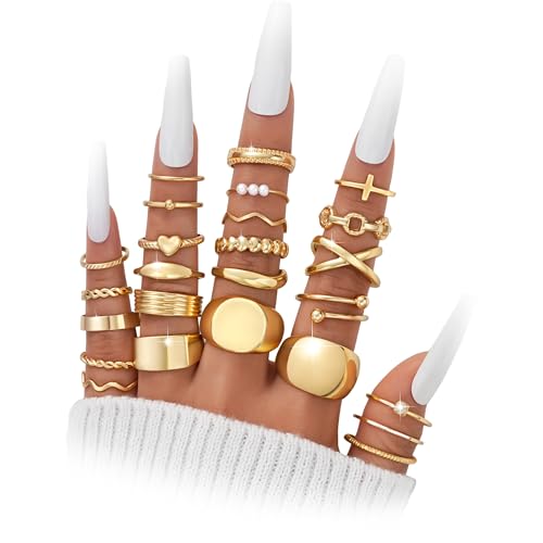 YEEZII 25 Pcs Gold Knuckle Rings Set for Women, Cute Stackable Finger Midi Rings, Dainty Gold Chunky Stacking Statement Womens ring pack - color: Gold-B-25 Pcs
