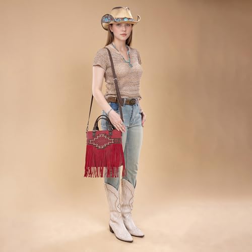 Trinity Ranch Crossbody Bags for Women Tooled Fringe Top Handle Handbags Vintage Western Purse - color: Red