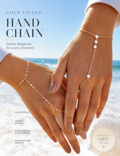 YEEZII Gold Hand Chain Bracelets for Women, 2 Pcs 14k Gold Plated Cubic Zirconia Link Chain Bracelet Set, Trendy ring bracelet hand chain Jewelry for Her - color: Gold-A