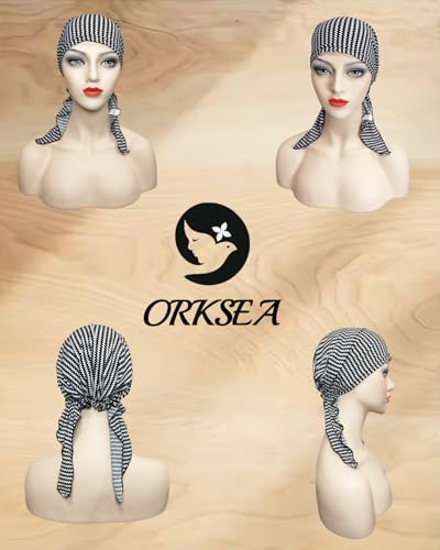 Chemo Headwear for Women Pre-Tied Head Scarf Headwraps Soft Turbans Cancer Hats Chemo Beanie Coverings Scarves - color: Black Stripe