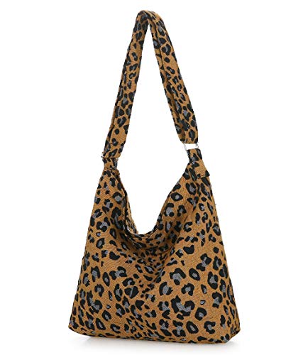 Covelin Women's Retro Large Size Canvas Shoulder Bag Hobo Crossbody Handbag Casual Tote - color: Leopard Brown