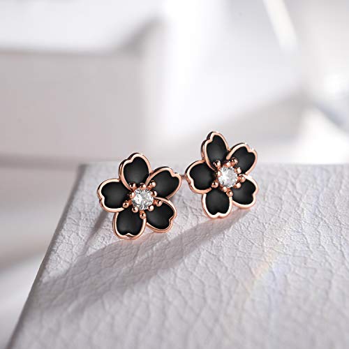 Pink Flower Earrings for Women, 925 Sterling Silver Stud Earrings, Cute Plumeria Earrings For Women, Cherry Blossom Hypoallergenic Stud - color: *Black