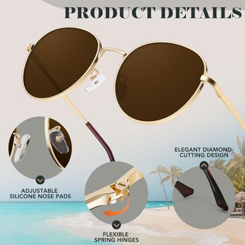 GQUEEN Retro Round Polarized Sunglasses Womens Men Spring Hinge Metal Frame Trendy Hippie Oval Sun Glasses Shades UV400 - color: 1 Gold Frame/Brown Lens