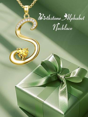 Birthday Gifts for Women 18k Gold Initial Necklaces for Women Simple Alphabets Letters with Birthstone Pendants Name Jewelry Anniversary Wedding Gifts for Sister Daughter Her (with Gift Box) - color: 11-Nov-Citrine, style: Letter S