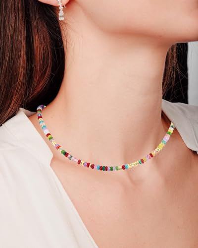 Boho Beaded Necklace for Women, Colorful Natural Stone Choker Necklace, Summer Beach Bead Necklaces Handmade Jewelry Birthday Gifts - color: 4MM