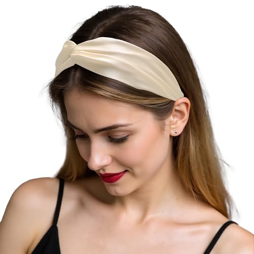 ZLYC Mulberry Silk Headband Elastic Twist Knotted Head Bands for Women's Hair, Solid Beige Cream - color: Solid Beige Cream