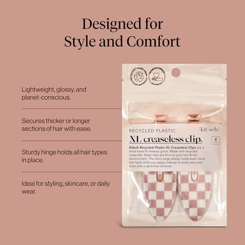 Kitsch Creaseless Hair Clips for Women - No Crease, No Bend Hair Clips for Styling, Bangs, Makeup Application, Face Wash | Recycled Acrylic - Checkered Terracotta | Ideal Gifts for Women, 2pcs - color: Terracotta Checkered