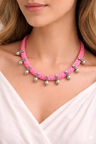 athizay Boho Charm Thread Choker Necklace – Braided Bohemian Choker with Oxidized Silver Dangle Charms | Handmade Boho Jewelry for Women - color: Soft Pink, Silver