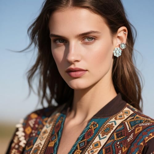 Western Earrings for Women Bohemian Turquoise Earring Set Vintage Turquoise Stud Earring for Women Flower Cowboy Earrings Western Country Concert Rodeo Outfits Jewelry Gift - color: Blue