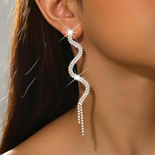 Sparkling Rhinestone Wave Earring Gold Tassel Earrings Long Fringe Chandelier Drop Earrings Wedding Prom Bridesmaid Fashion Jewelry Accessary for Women - color: Gold
