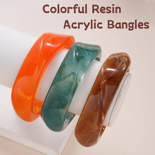 FAXHION Chunky Resin Acrylic Bangle Bracelets for Women, Colorful Wide Geometric Bangles Set, Statement Stackable Bracelet Jewelry Gift - color: Orange