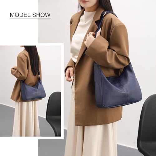 Hobo Bags for Women Foldable Vegan Leather Shoulder Handbag Slouchy Tote Crossbody Purses - color: Dark Blue